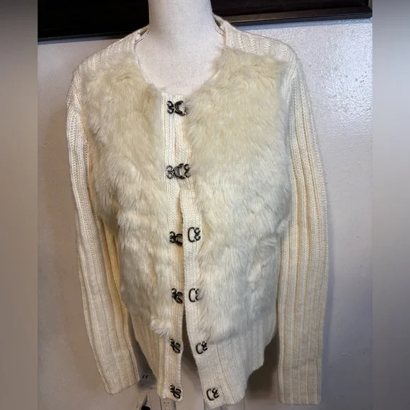 LOFT Cream Faux Fur Cardigan Sweater